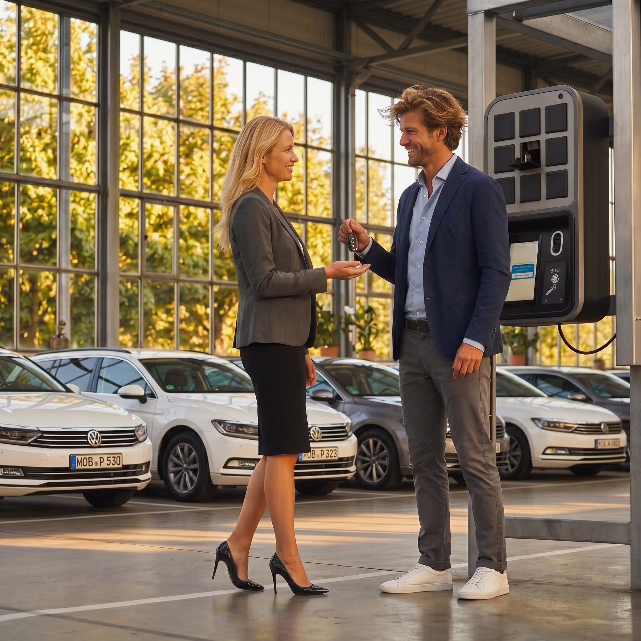 Employees coordinating a company vehicle pickup beside a digital key cabinet